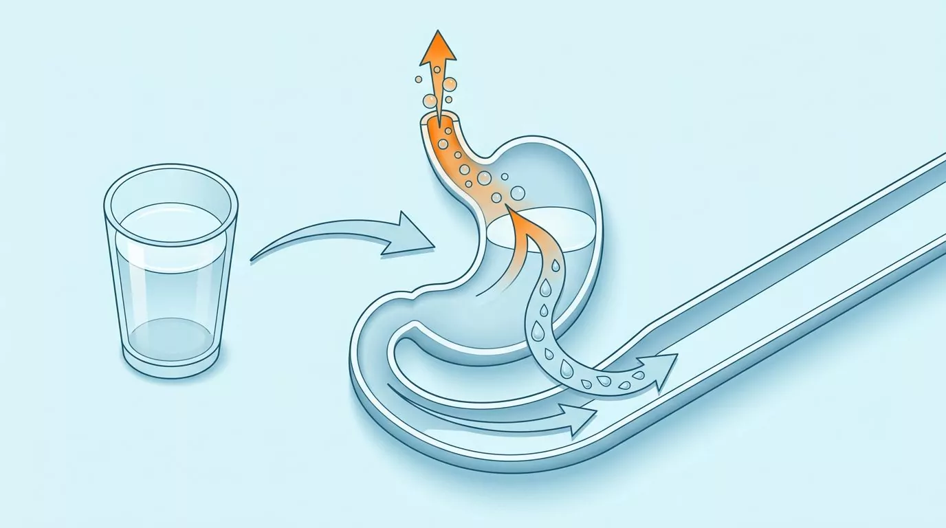 Diagram of how sparkling water hydrates you: the gas is burped back up while the water carries on to be absorbed