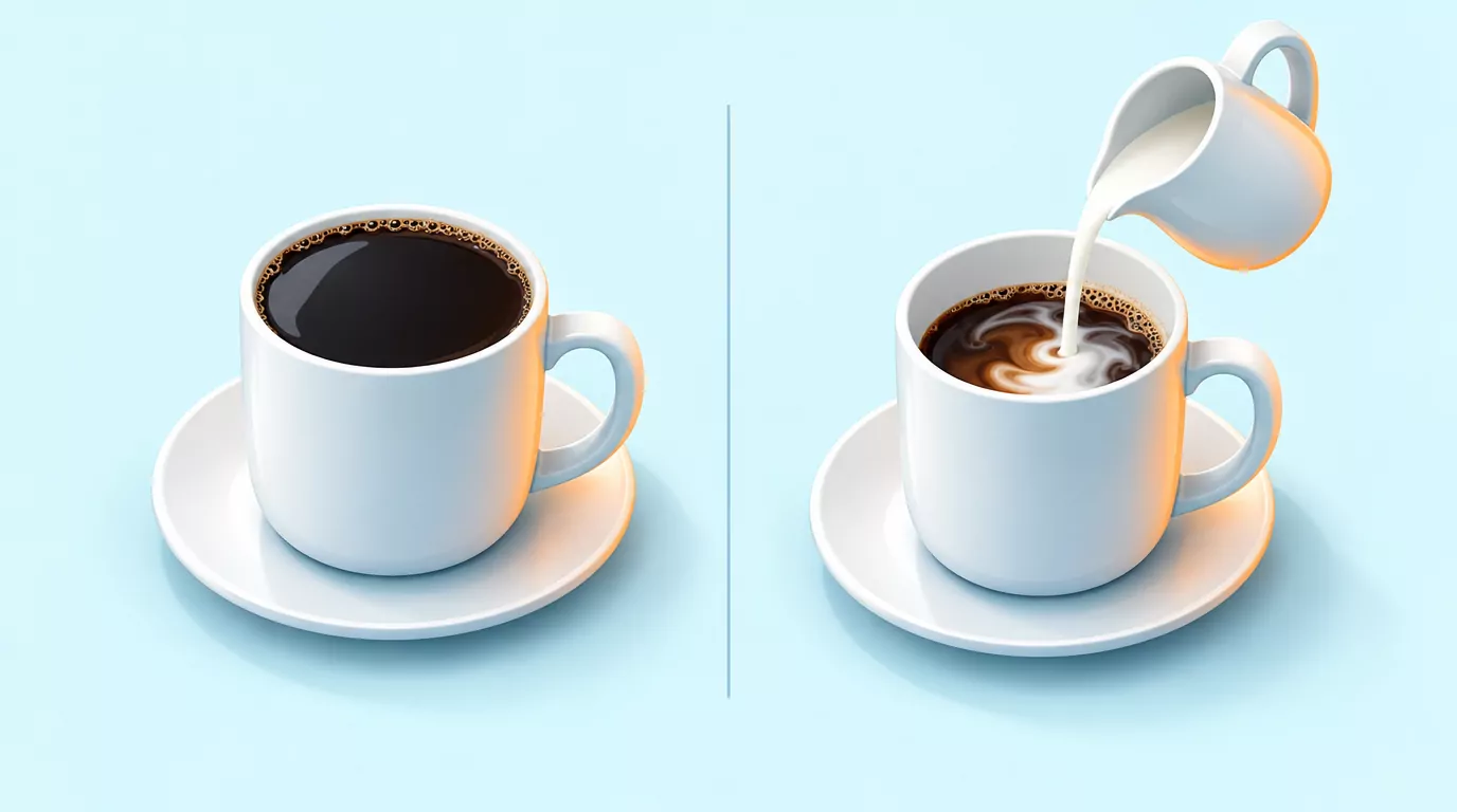 How many oz in a coffee mug: a brim-full mug beside the same mug filled lower with milk being poured in