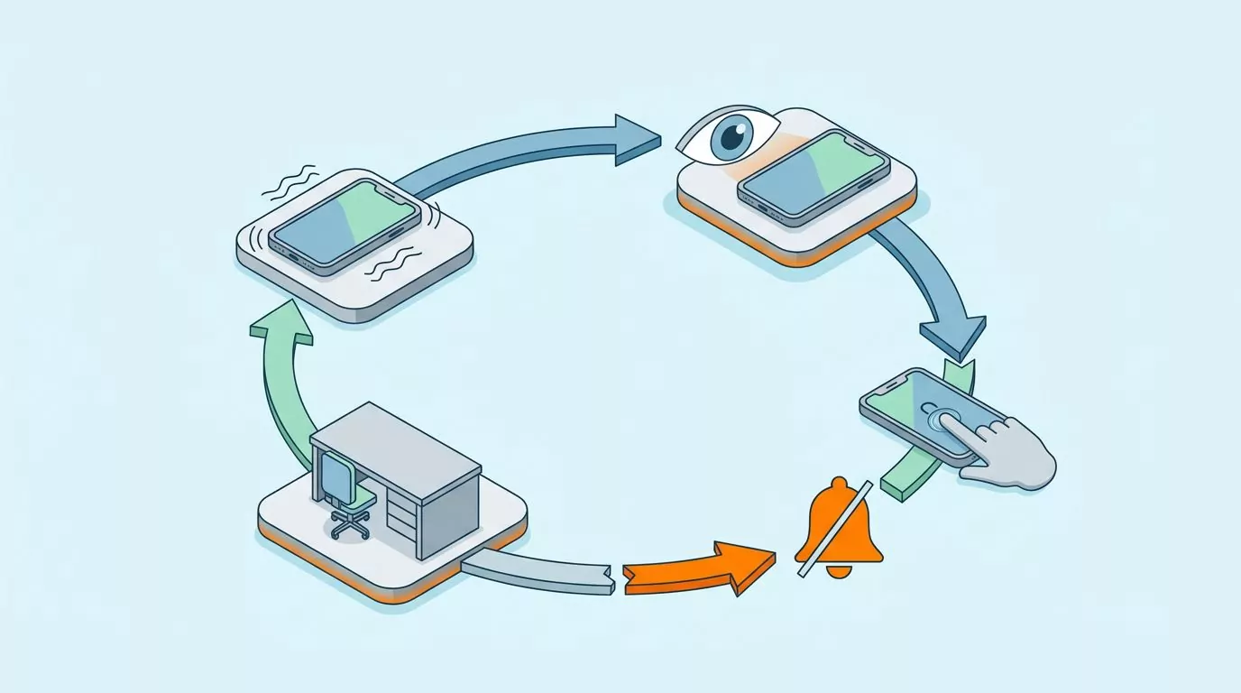 Notification anxiety loop of buzz, glance and unlock, broken by a muted bell so the cycle stops