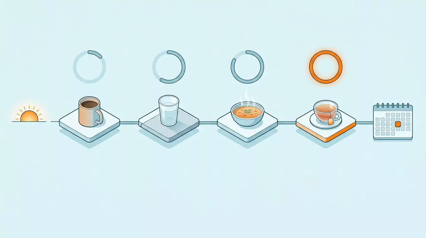 Timeline of one day of water tracking: coffee, desk water, soup and tea fill a progress ring toward a calendar day