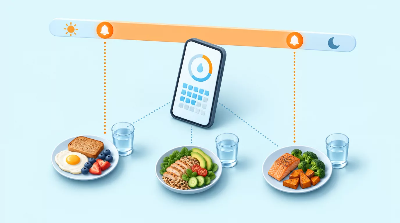 Phone with a progress ring and filled day tiles, linked to three meal glasses and a reminder window spanning mealtimes