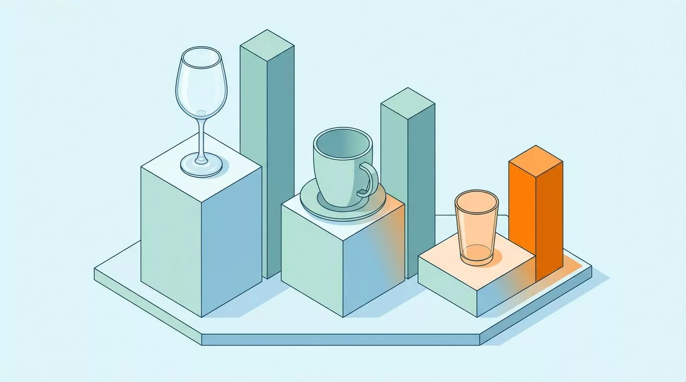 Three podiums comparing evening drinks, with wine highest, a large tea mug in the middle, and a plain glass of water lowest