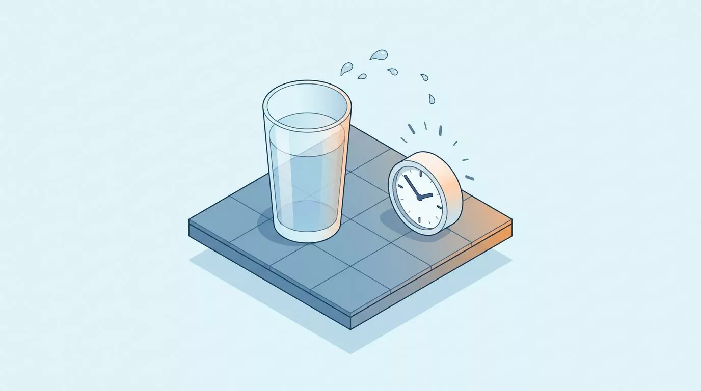 Glass of water beside a desk clock, the idea behind a drink water time table for a working day