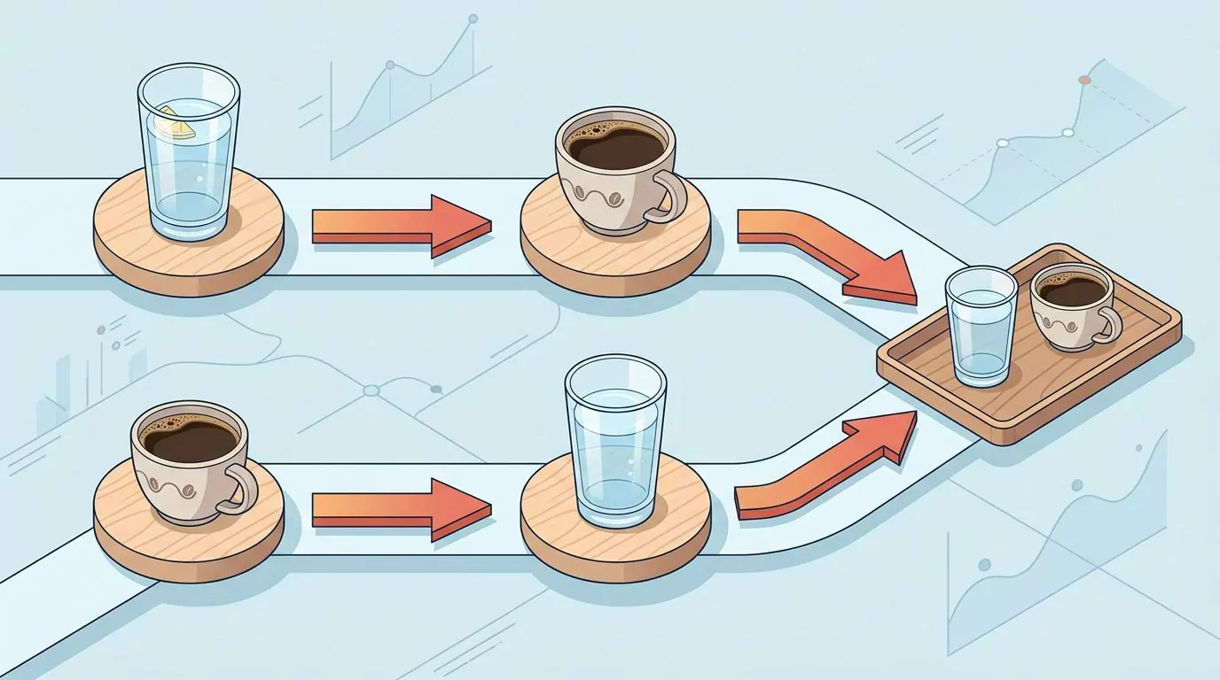 Two routes compared: water before coffee and water after coffee, both arriving at the same tray