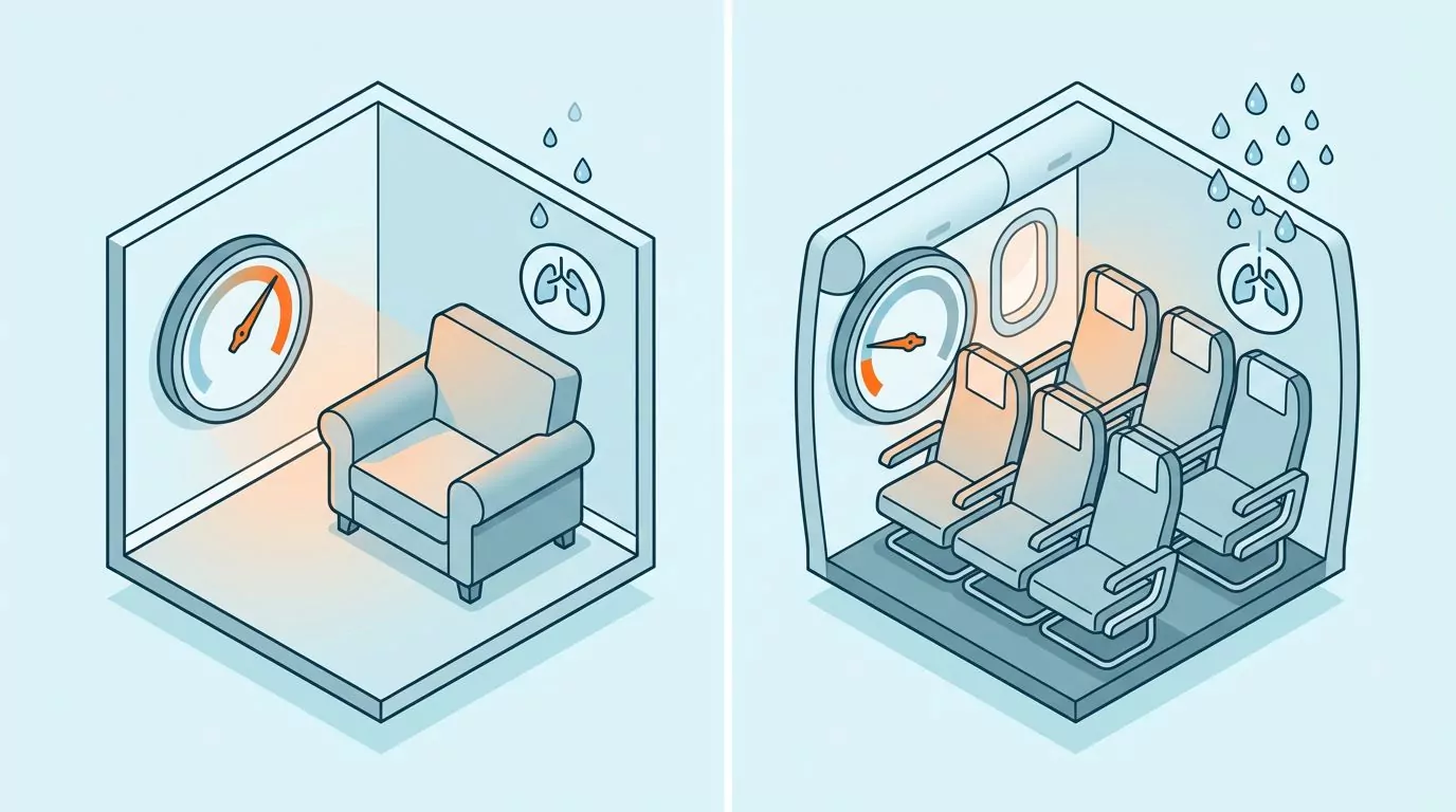 Room at normal humidity losing a few water droplets beside a dry airplane cabin losing many more