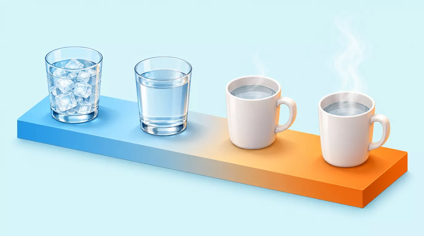A temperature bar from icy blue to warm orange with four vessels, from an iced glass to a steaming mug