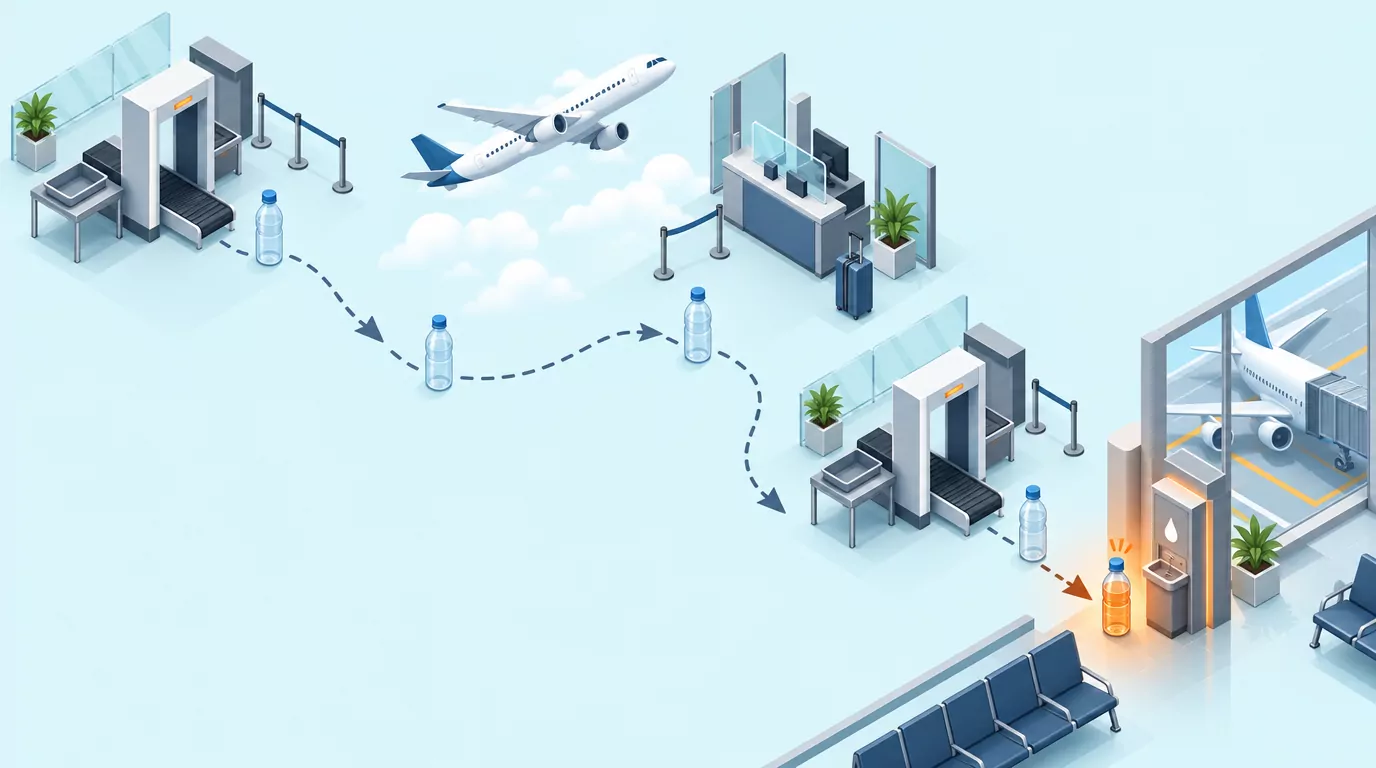 Route from departure security to customs to a second screening and the gate, with the bottle filled only after the last check