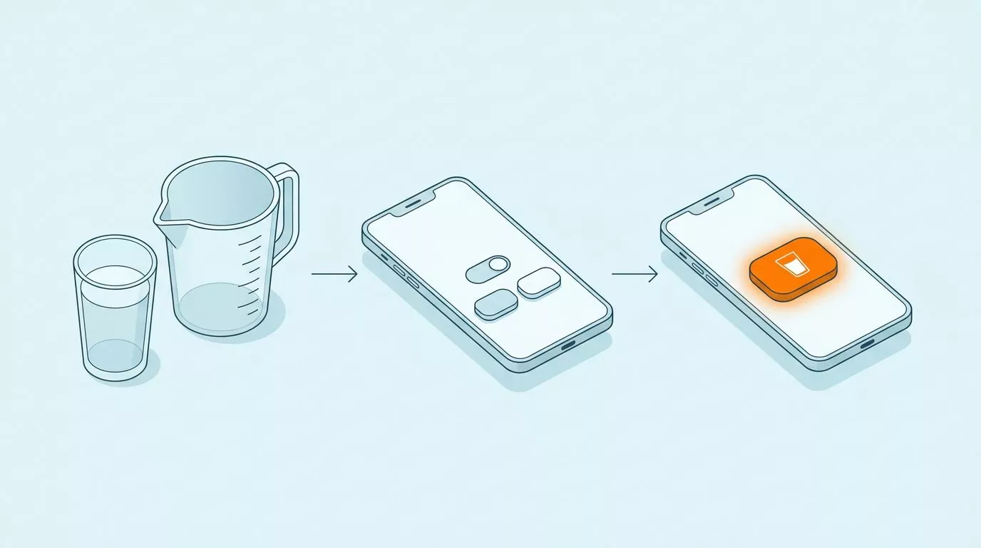 Flow from a measured glass and jug to a phone unit toggle, then to one saved custom amount button for logging water