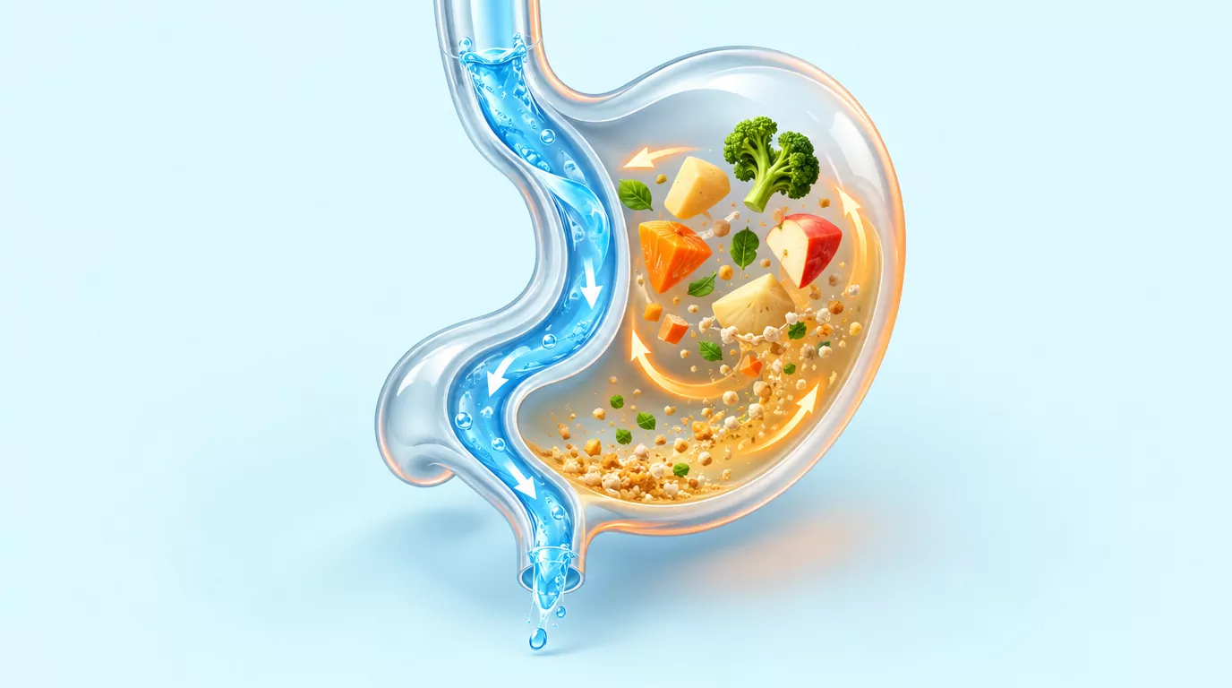 Cutaway stomach where water runs down a side channel to the outlet while food chunks are ground into fine particles first