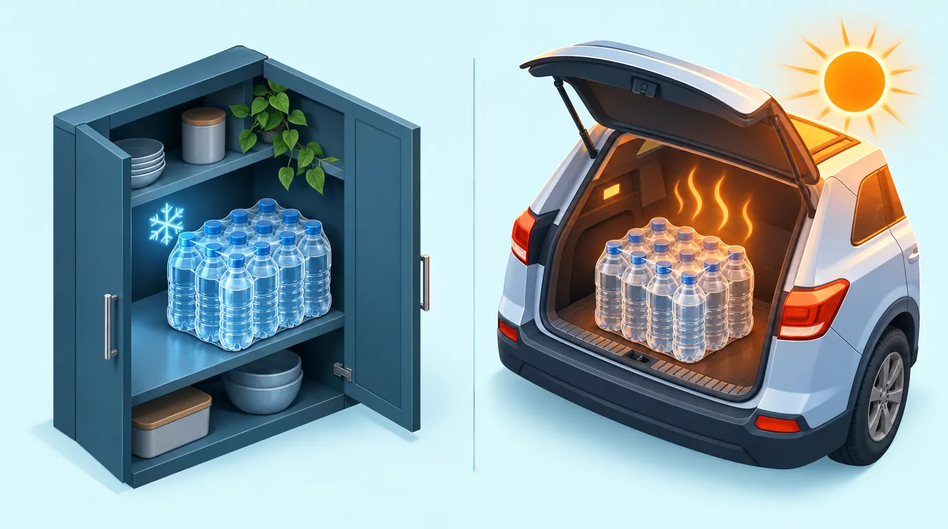 Two lanes comparing a case of bottled water in a cool cupboard with the same case in a hot car trunk