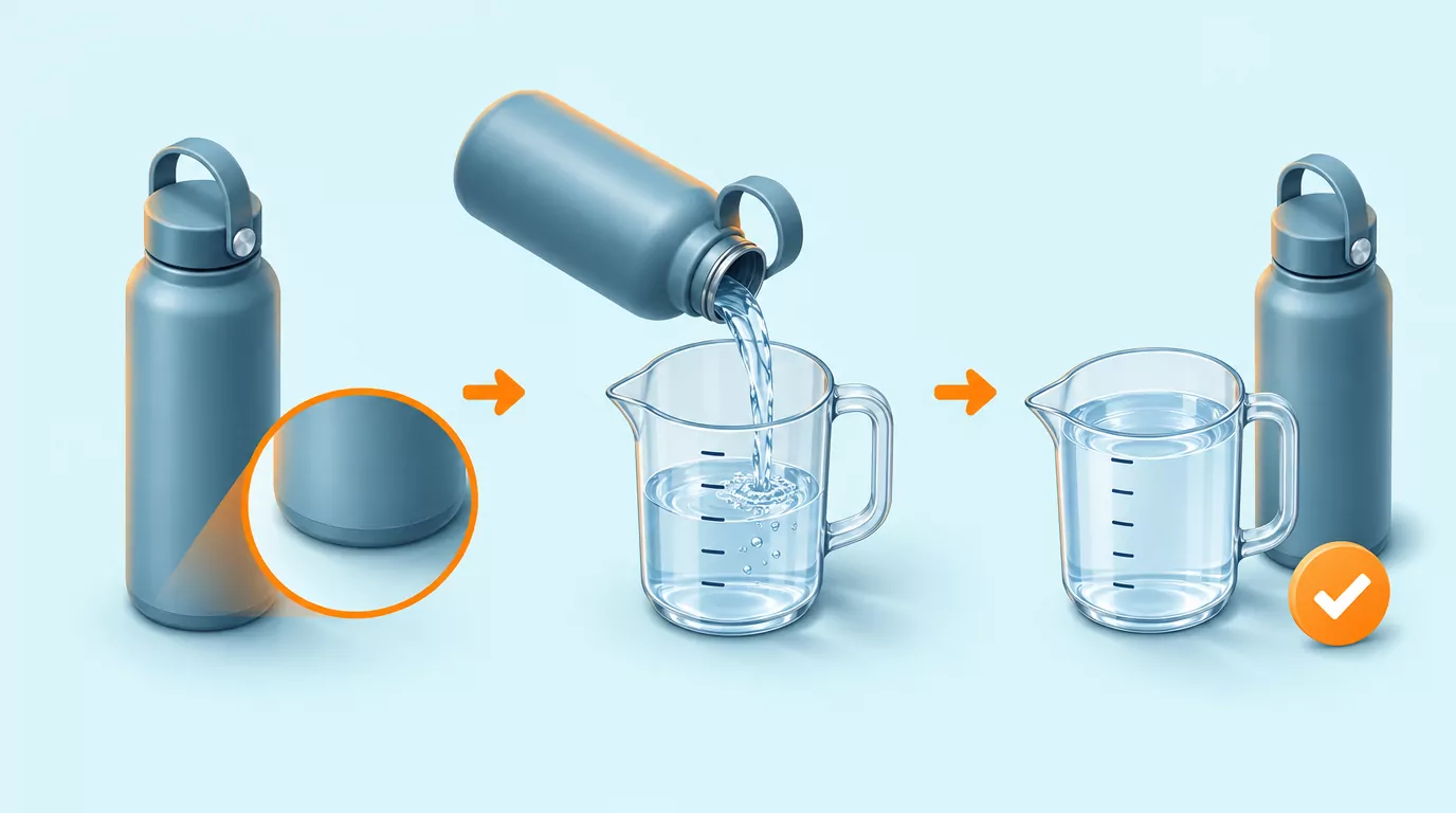 Three steps to measure a water bottle: check the base, pour one fill into a measuring jug, note the amount