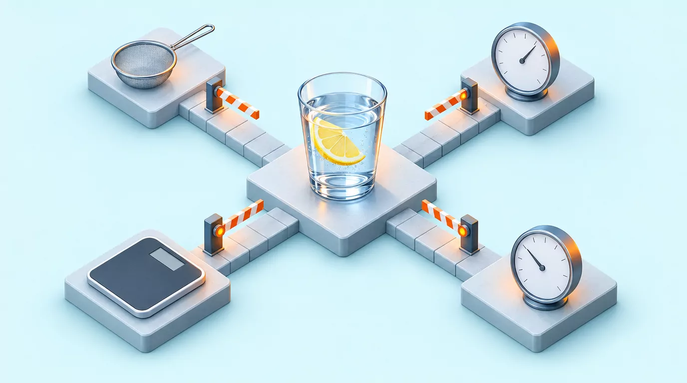 A glass of lemon water with blocked paths to a sieve, pH gauges and a scale: cleanse, pH and fat loss claims