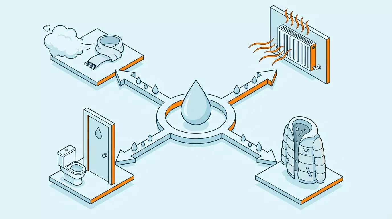 Hub and spoke diagram of winter water loss: a droplet sends water to breath, a radiator, a warm coat and a bathroom