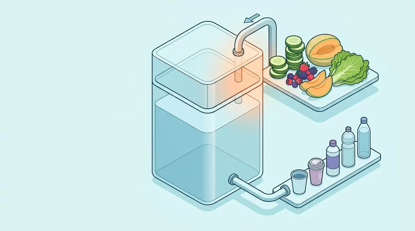 A container split into a large segment fed by drinks and a small segment fed by water rich foods