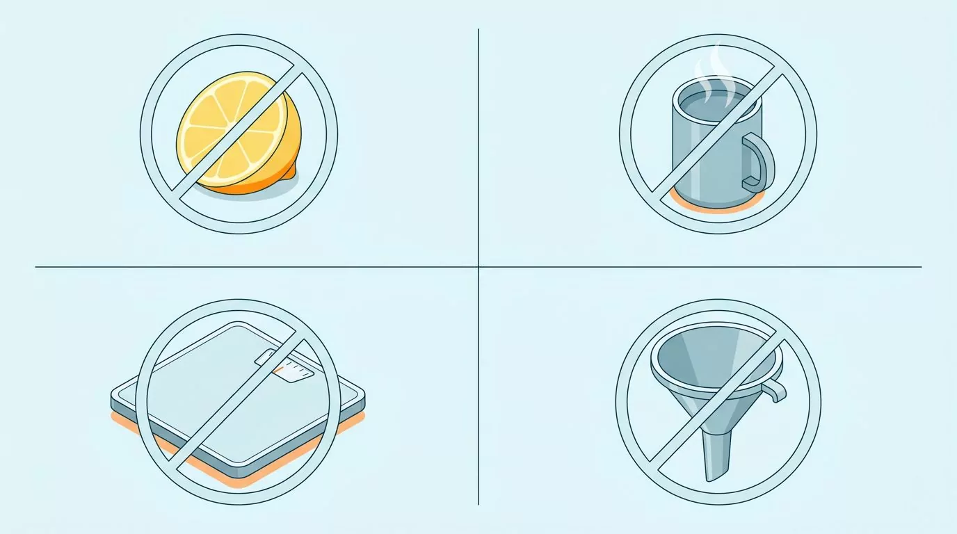 Four morning water claims crossed out: lemon water, warm water in the morning, weight change and detox