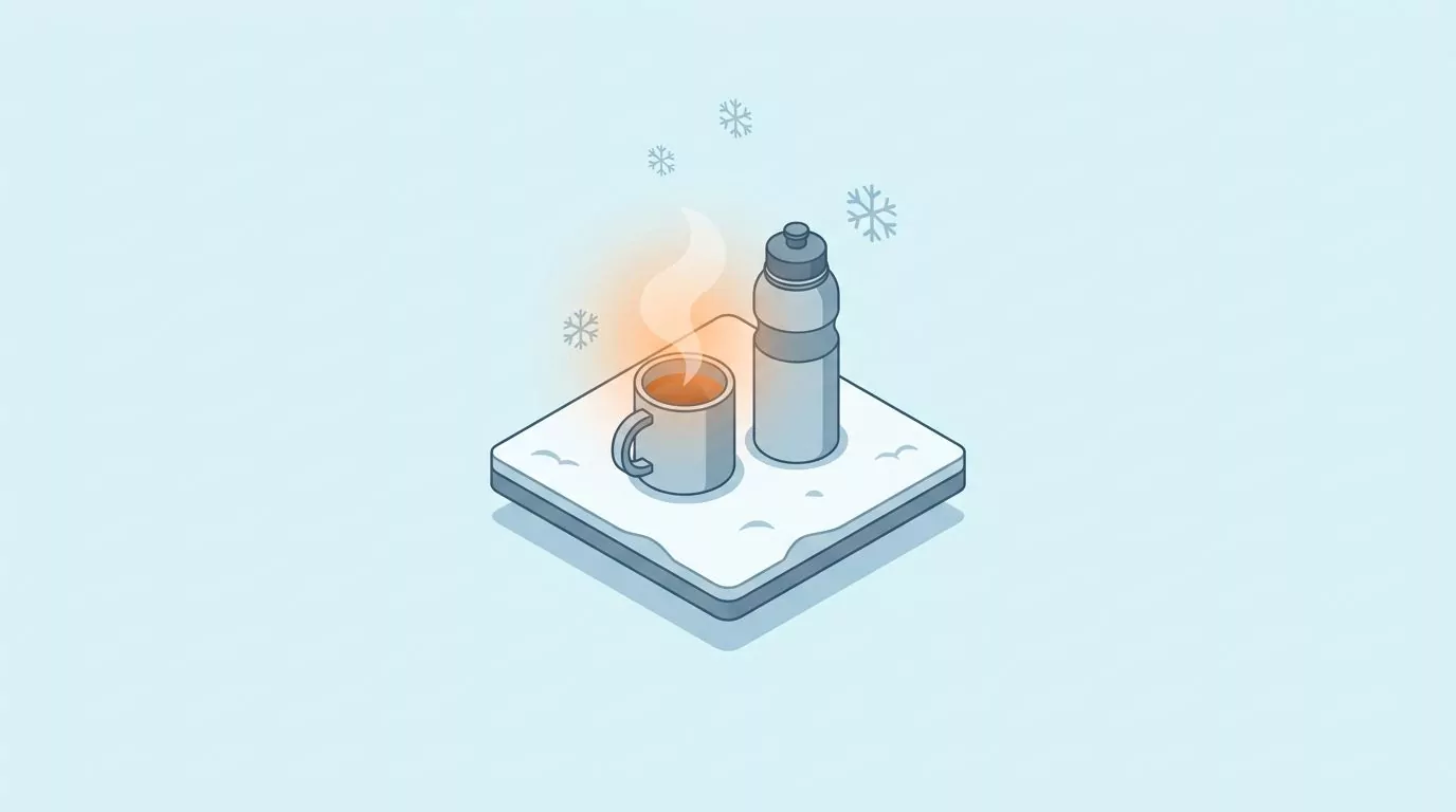 A steaming mug of tea beside a water bottle on a snowy tile, a simple picture of hydration in cold weather