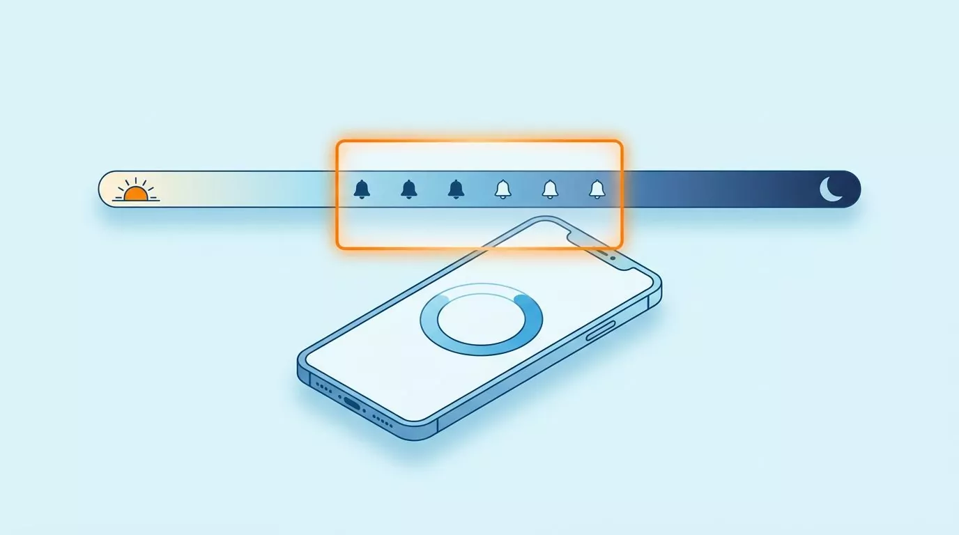 Phone with a water ring below a day band where reminder bells sit only inside a highlighted active hours window
