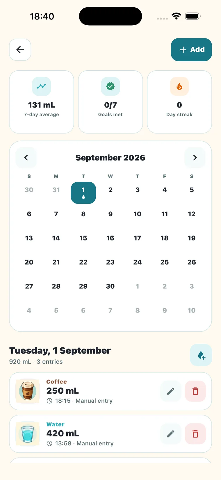 Water Goose hydration calendar and stats
