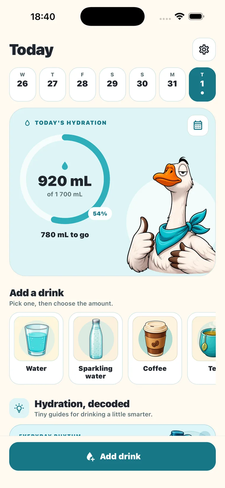 Water Goose Today screen showing 920 millilitres of a 1700 millilitre hydration goal, a progress ring, and quick drink choices